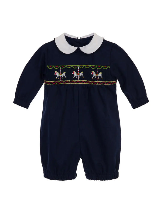 Horse Carousel Navy Smocked Romper